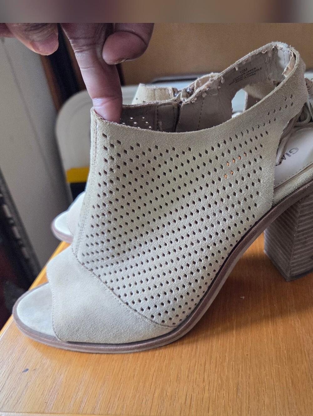 Gianni Bini Taupe Perforated Suede Block Heel Sandals